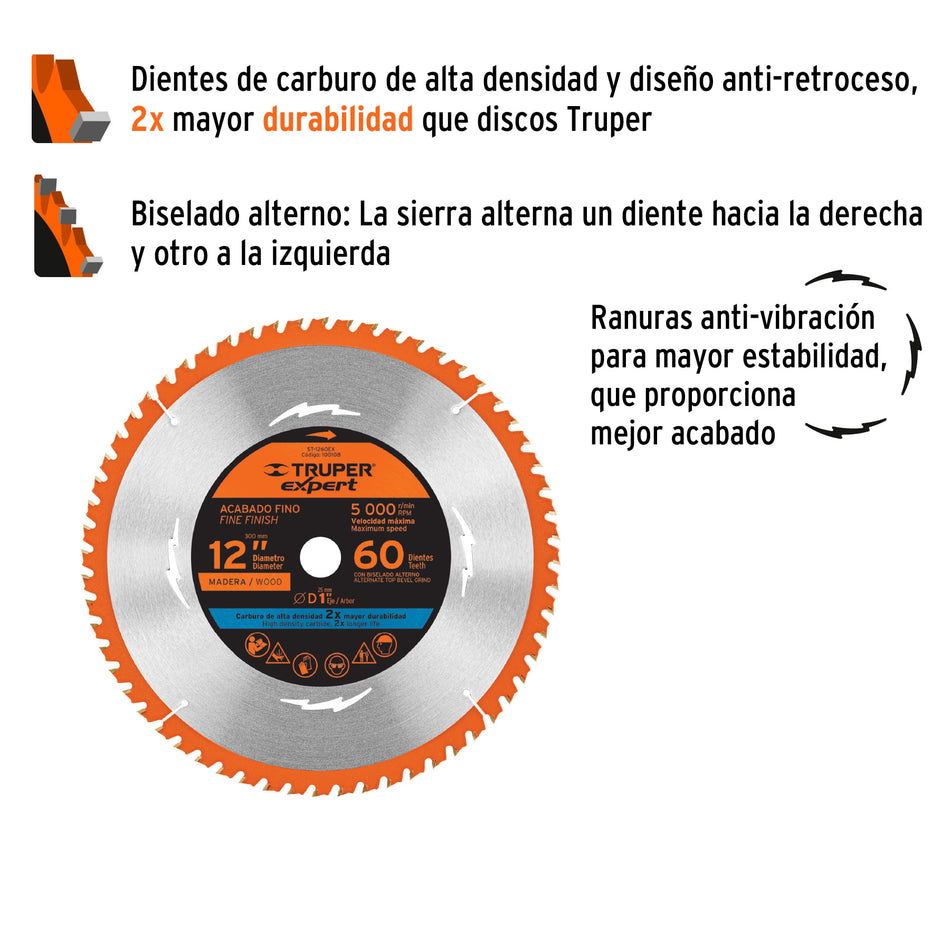 Disco sierra 12' para madera, 60 dientes centro 1', Expert, 100108