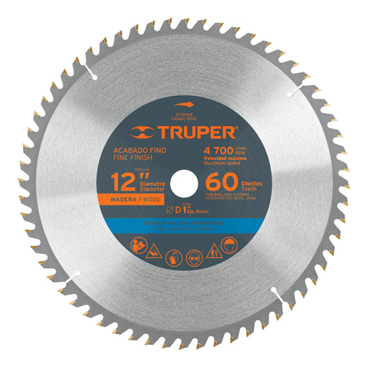 Disco sierra 12' para madera, 60 dientes centro 1', Truper, 18312