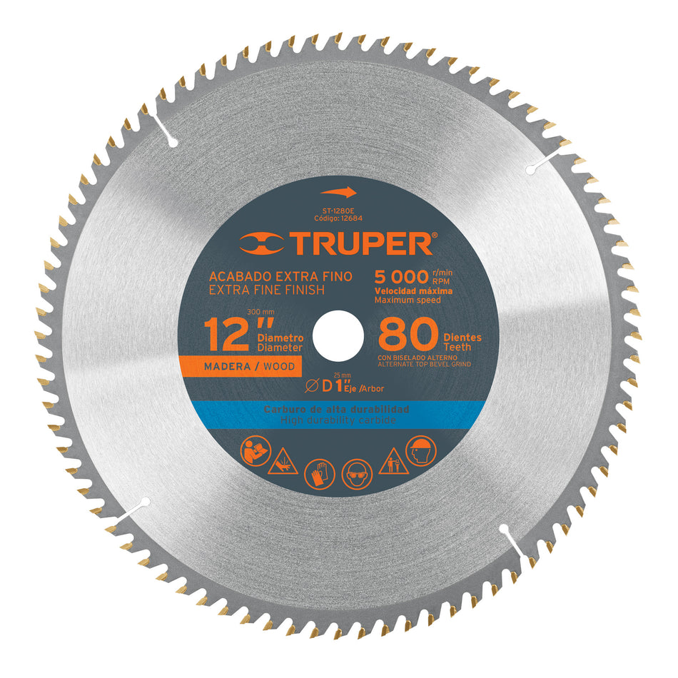 Disco sierra 12' para madera, 80 dientes centro 1', Truper, 12684