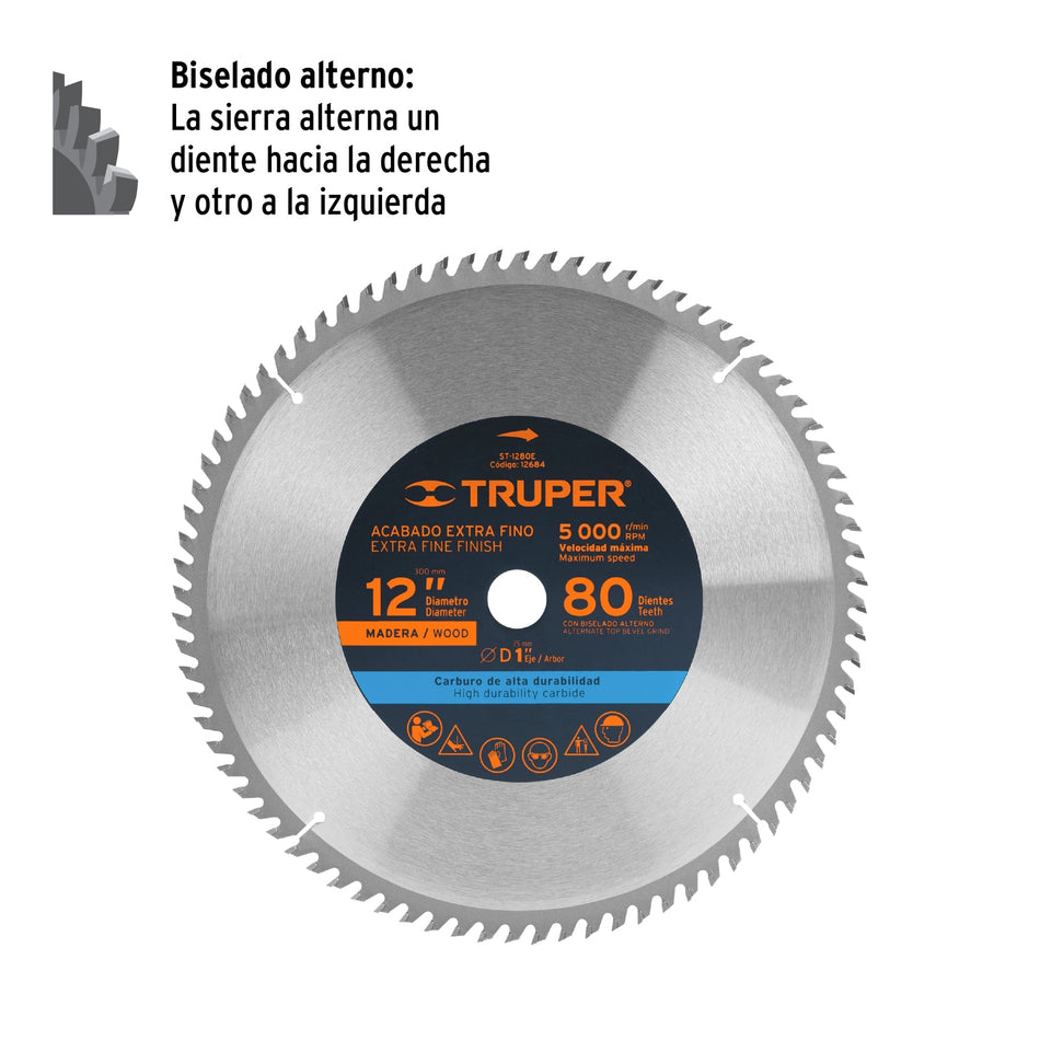 Disco sierra 12' para madera, 80 dientes centro 1', Truper, 12684