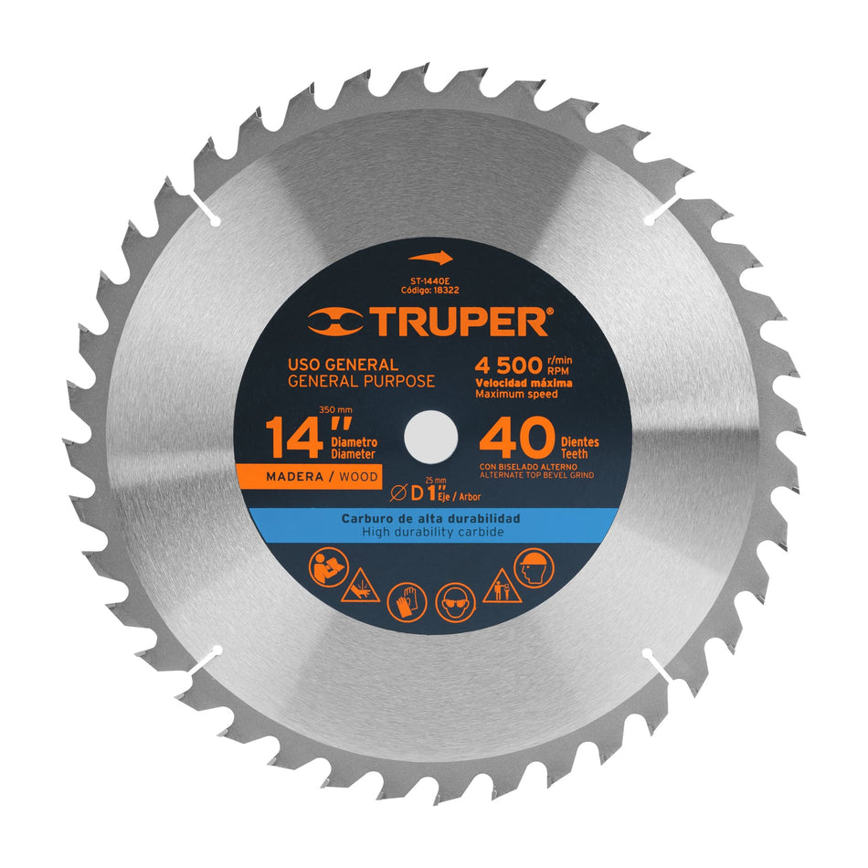 Disco sierra 14' para madera, 40 dientes centro 1', Truper, 18322