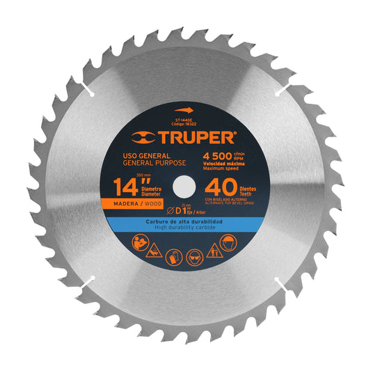 Disco sierra 14' para madera, 40 dientes centro 1', Truper, 18322