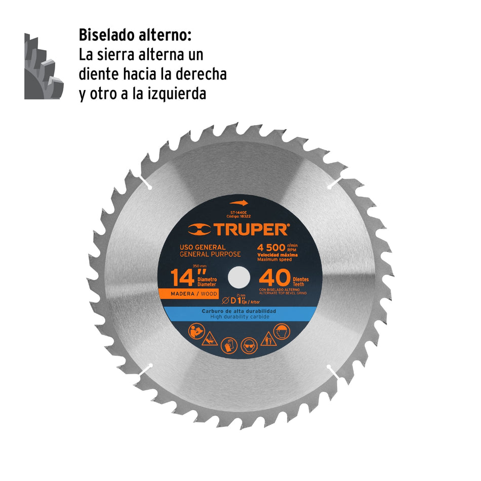 Disco sierra 14' para madera, 40 dientes centro 1', Truper, 18322