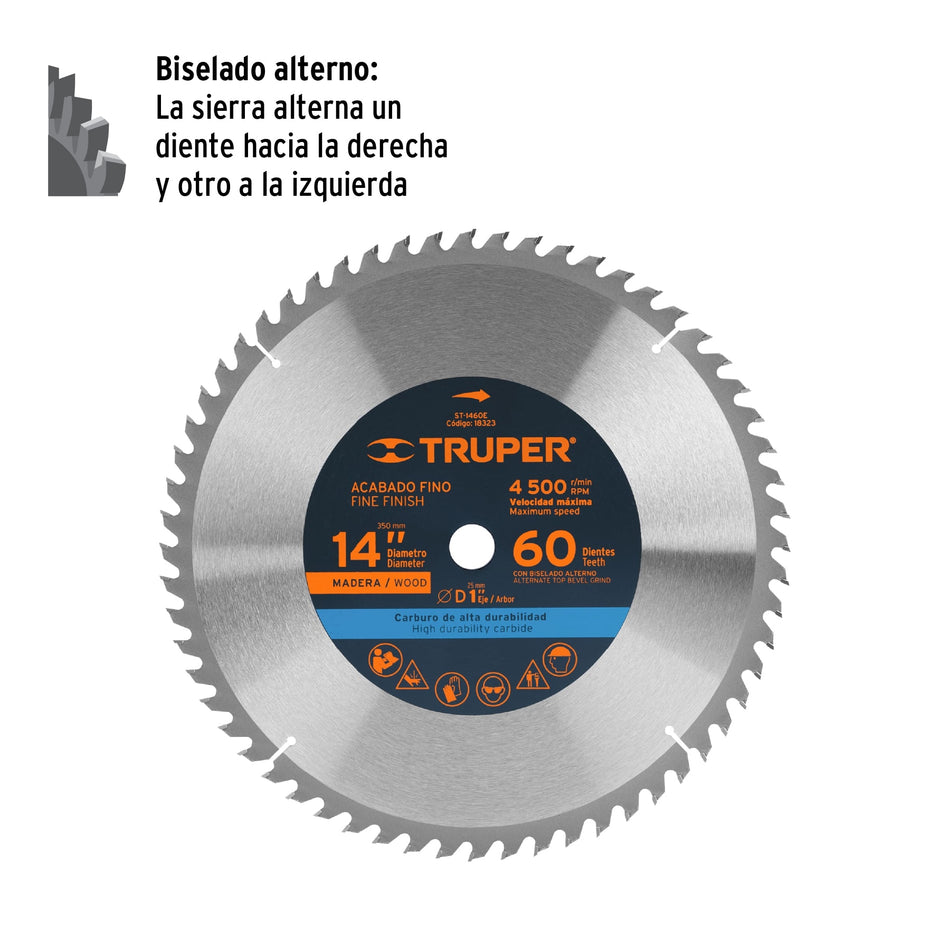 Disco sierra 14' para madera, 60 dientes centro 1', Truper, 18323