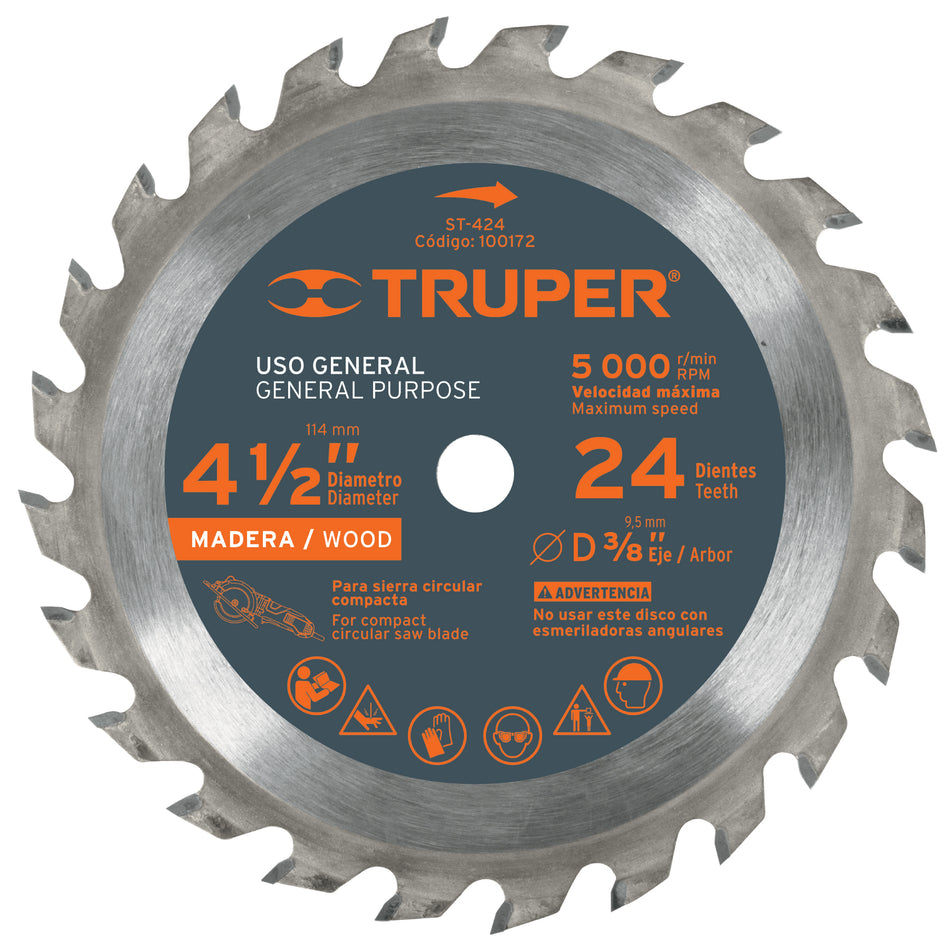 Disco sierra 4-1/2' para madera, 24 dientes centro 3/8' Caja con 3, 100172