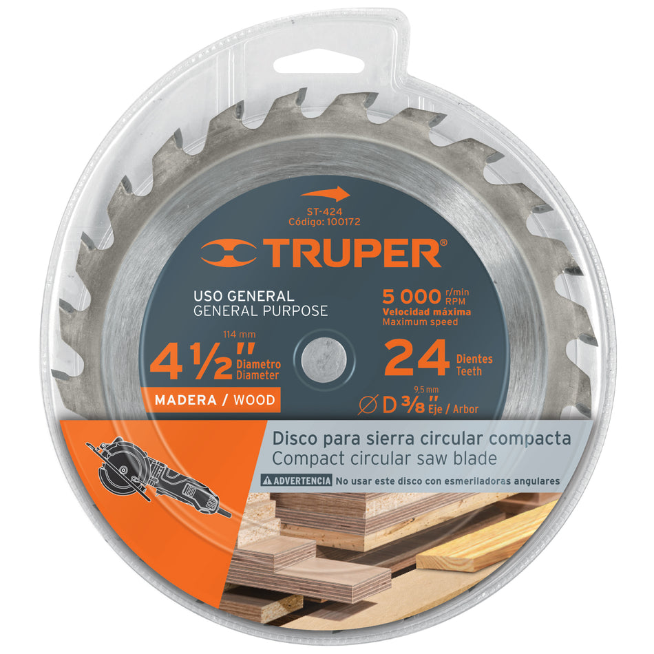 Disco sierra 4-1/2' para madera, 24 dientes centro 3/8' Caja con 3, 100172