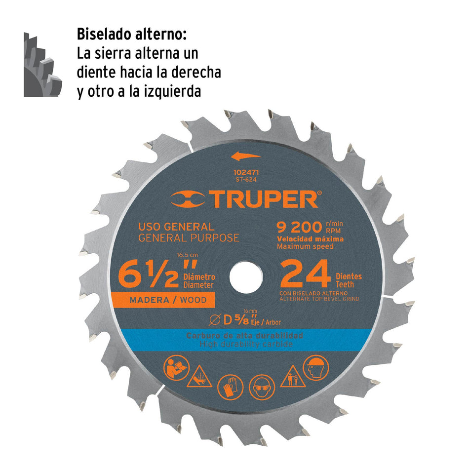 Disco sierra 6-1/2' p/madera, 24 dientes con centro 5/8' Caja con 3, 102471