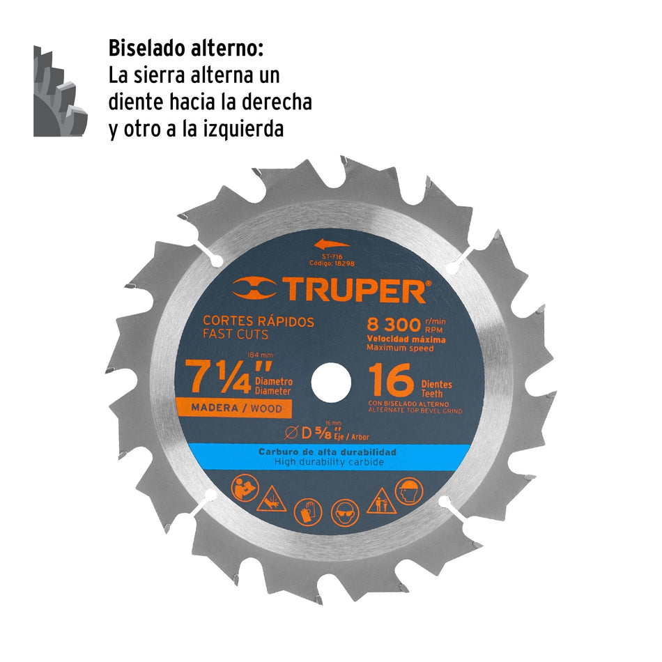 Disco sierra 7- 1/4' para madera, 16 dientes centro 5/8' Caja con 3, 18298