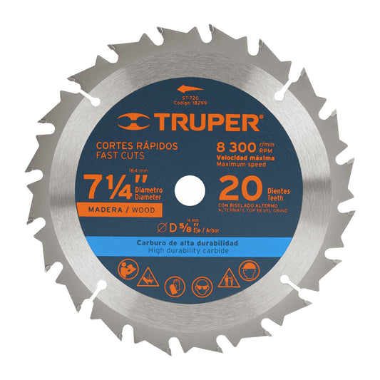 Disco sierra 7- 1/4' para madera, 20 dientes centro 5/8' Caja con 3, 18299