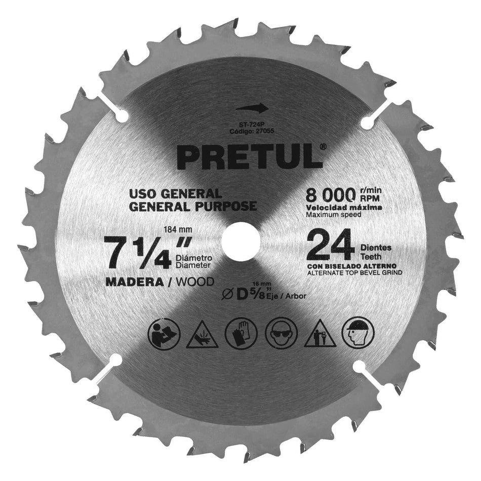 Disco sierra 7-1/4' p/madera, 24 dientes centro 5/8', Pretul Caja con 3, 27055