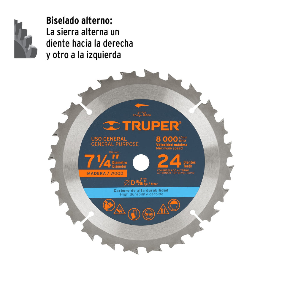 Disco sierra 7- 1/4' para madera, 24 dientes centro 5/8' Caja con 3, 18300