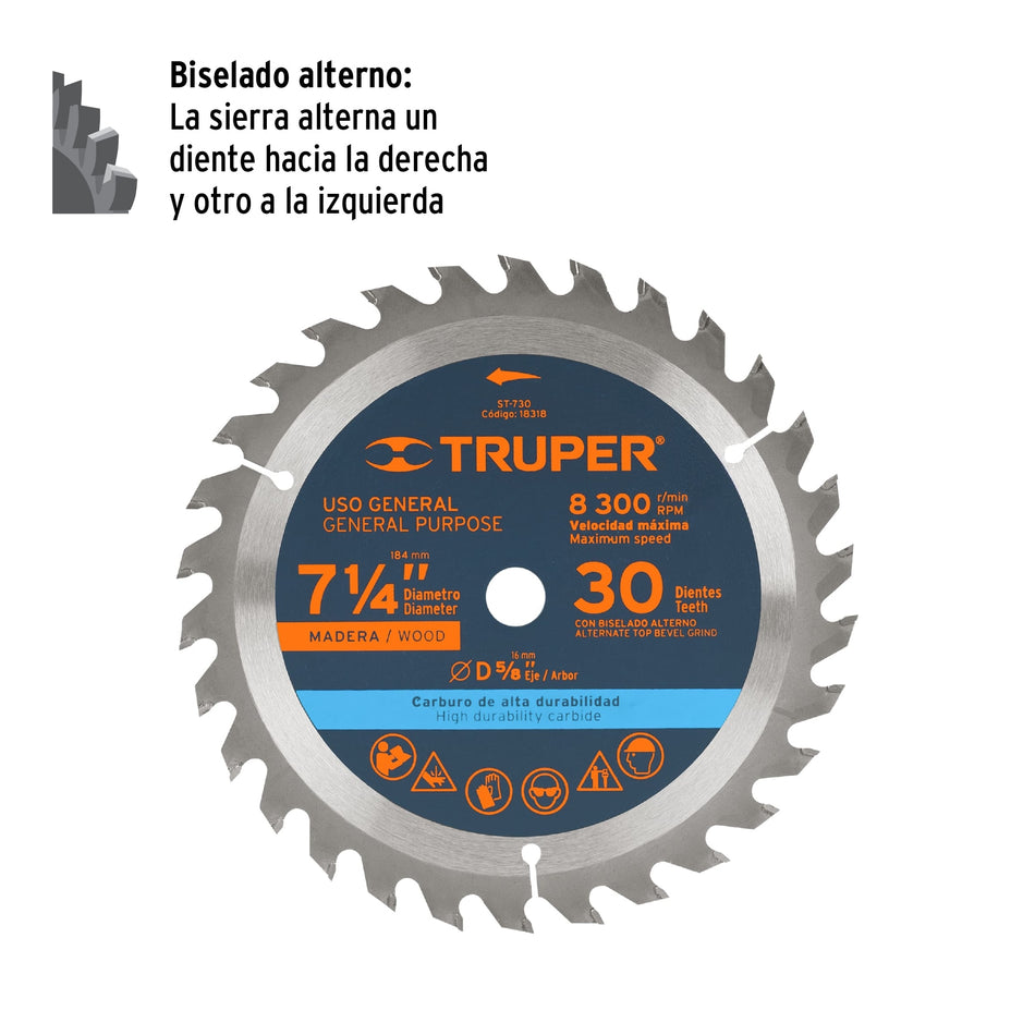 Disco sierra 7- 1/4' para madera, 30 dientes centro 5/8' Caja con 3, 18318
