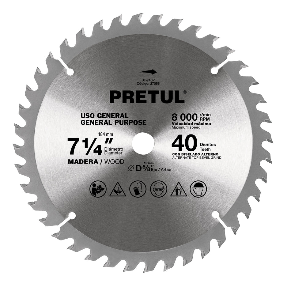Disco sierra 7-1/4' p/madera, 40 dientes centro 5/8', Pretul Caja con 3, 27056