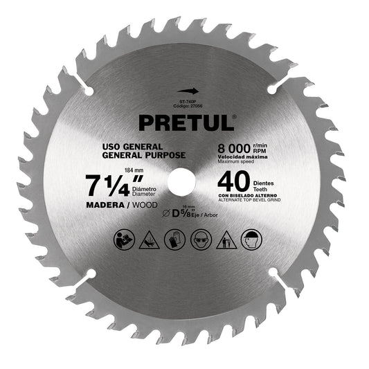 Disco sierra 7-1/4' p/madera, 40 dientes centro 5/8', Pretul Caja con 3, 27056