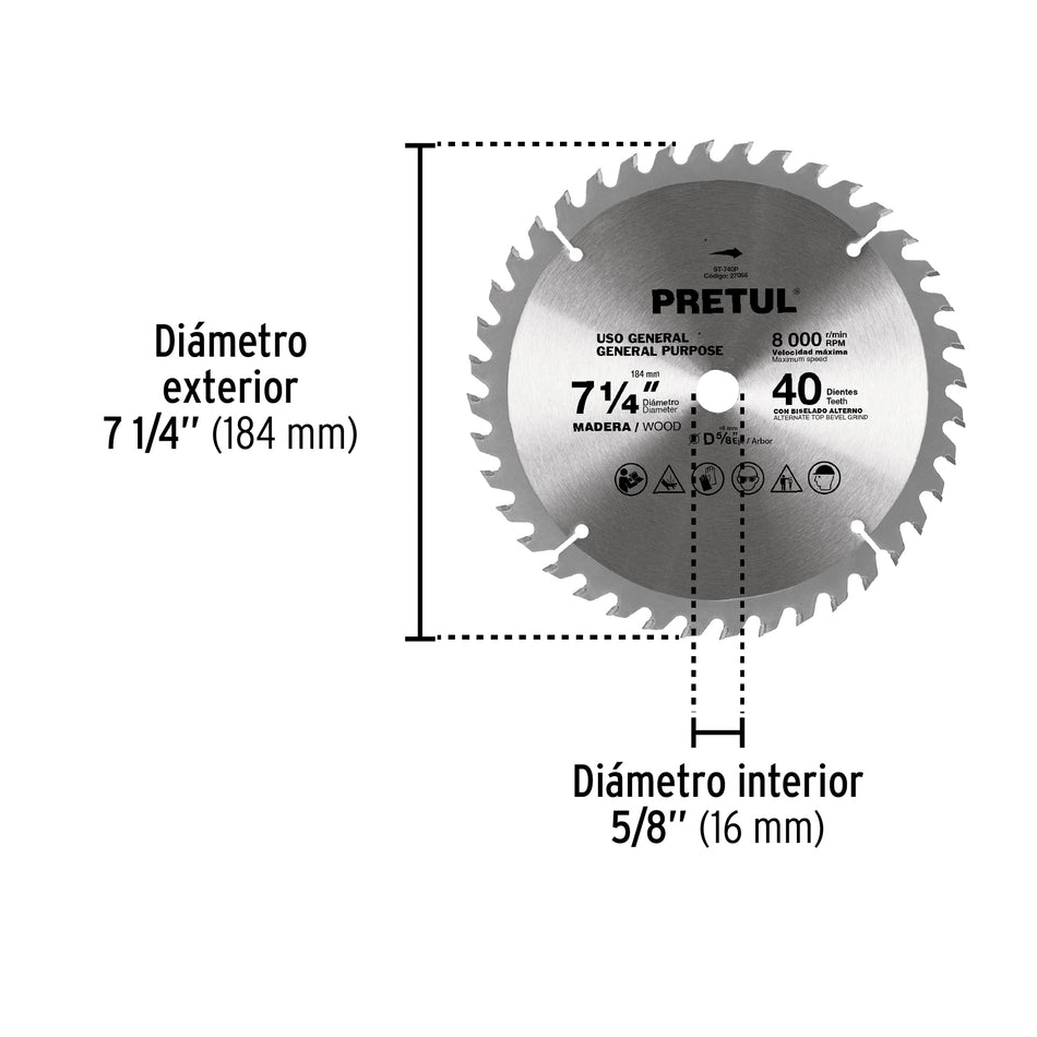 Disco sierra 7-1/4' p/madera, 40 dientes centro 5/8', Pretul Caja con 3, 27056