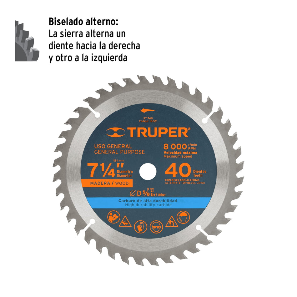 Disco sierra 7- 1/4' para madera, 40 dientes centro 5/8' Caja con 3, 18301