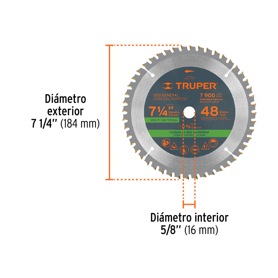 Disco sierra 7-1/4' multimaterial, 48 dientes centro 5/8', 18317