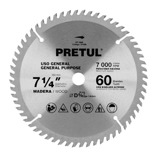 Disco sierra 7-1/4' p/madera, 60 dientes centro 5/8', Pretul Caja con 3, 27059