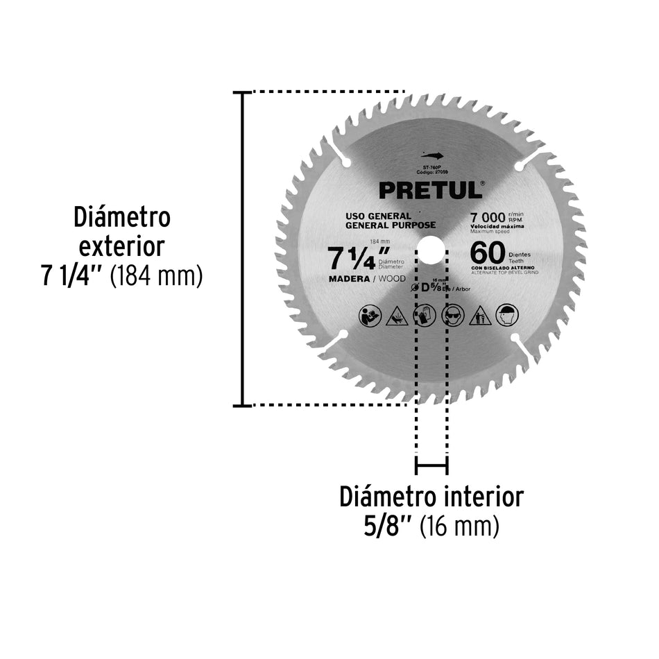 Disco sierra 7-1/4' p/madera, 60 dientes centro 5/8', Pretul Caja con 3, 27059