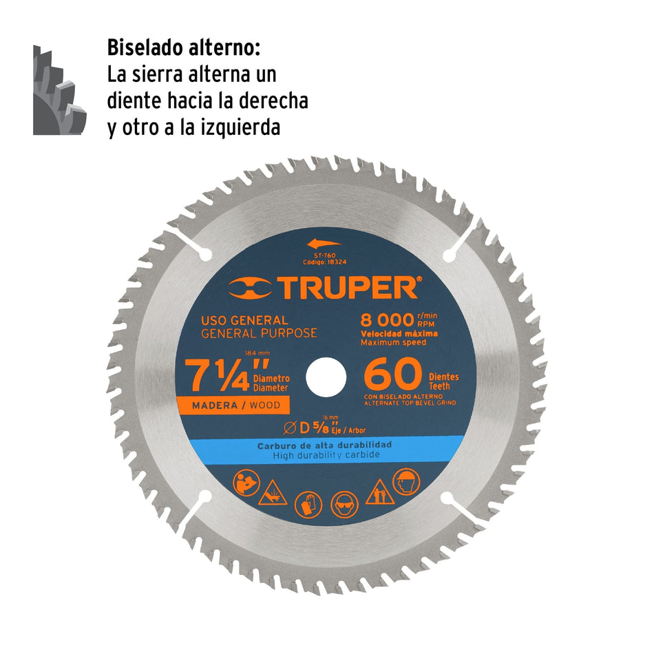 Disco sierra 7- 1/4' para madera, 60 dientes centro 5/8' Caja con 3, 18324