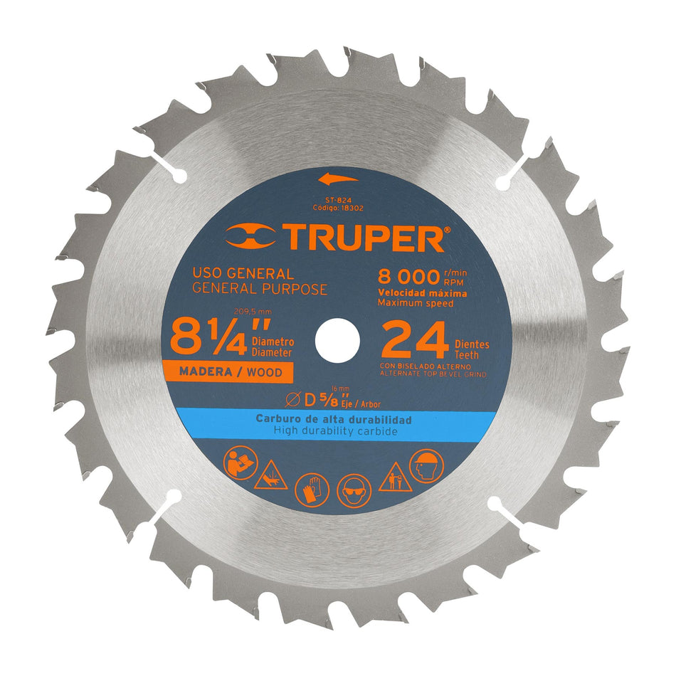 Disco sierra 8-1/4' para madera, 24 dientes centro 5/8' Caja con 3, 18302
