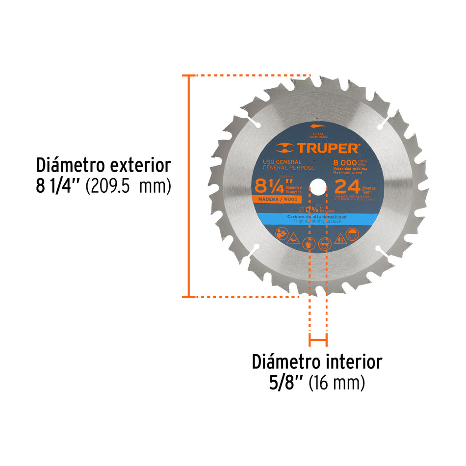 Disco sierra 8-1/4' para madera, 24 dientes centro 5/8' Caja con 3, 18302