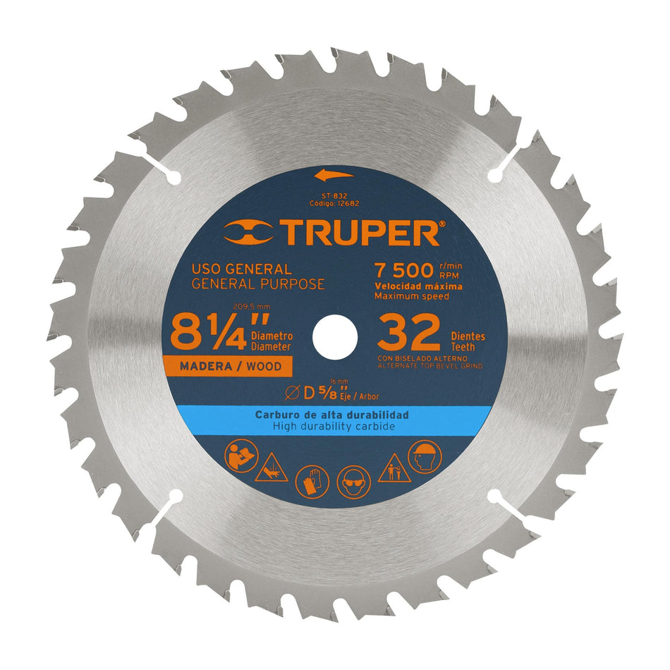 Disco sierra 8-1/4' para madera, 32 dientes centro 5/8' Caja con 3, 12682