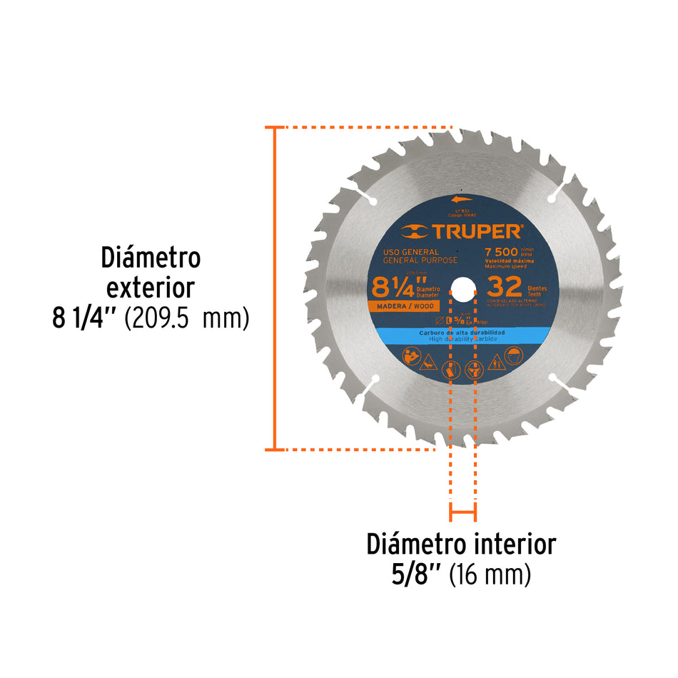Disco sierra 8-1/4' para madera, 32 dientes centro 5/8' Caja con 3, 12682