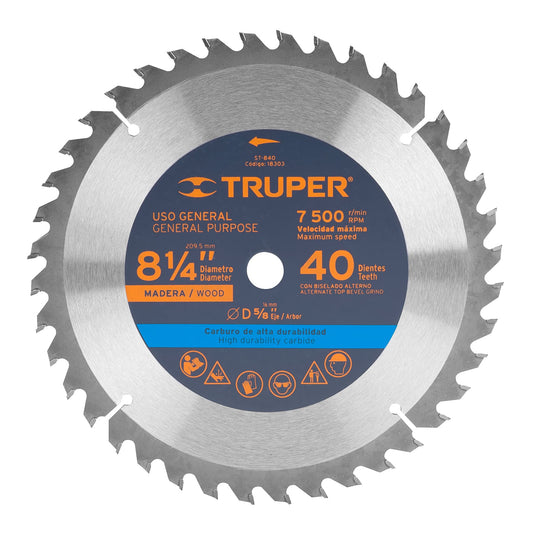 Disco sierra 8-1/4' para madera, 40 dientes centro 5/8' Caja con 3, 18303