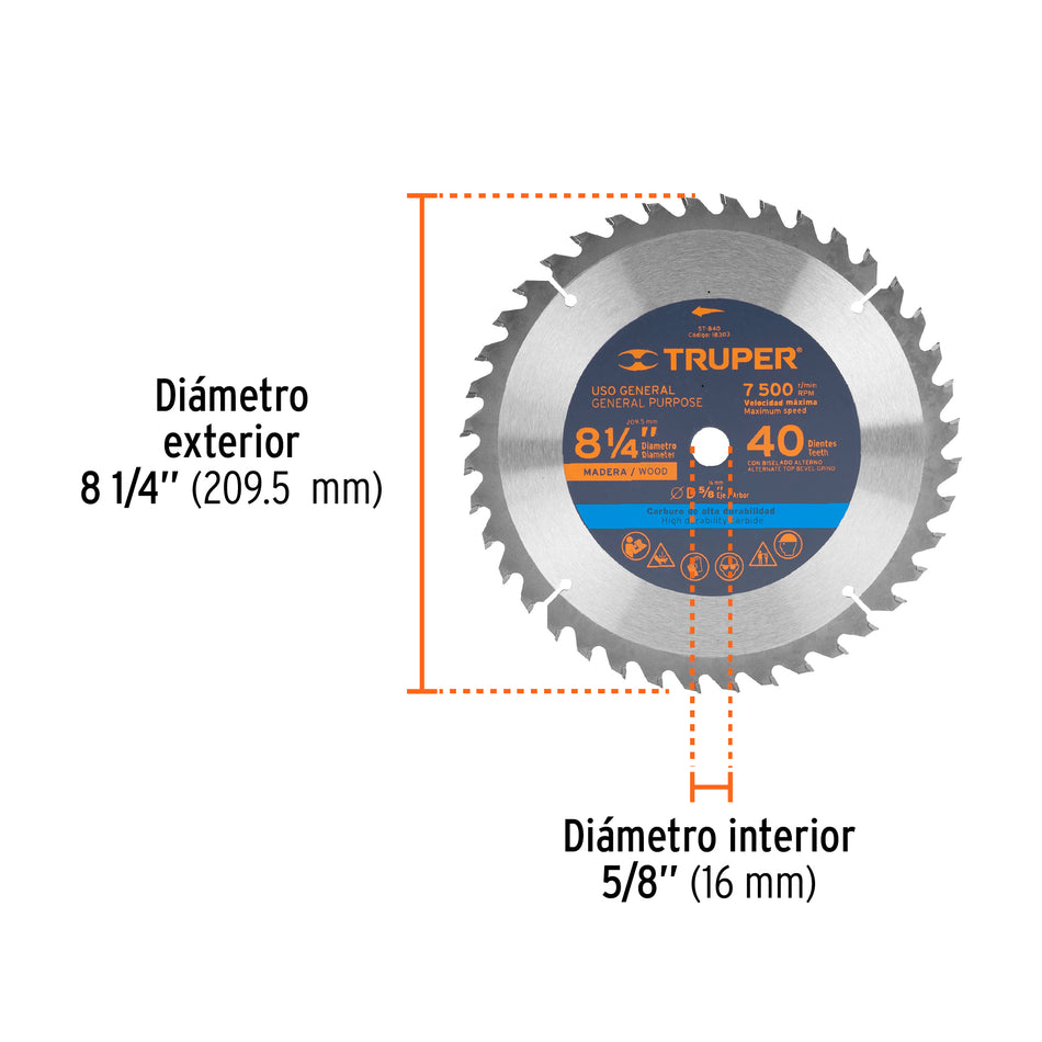 Disco sierra 8-1/4' para madera, 40 dientes centro 5/8' Caja con 3, 18303