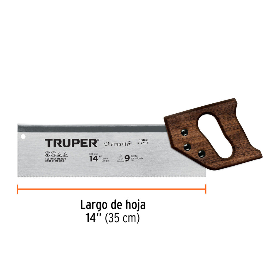 Serrucho de costilla 14' Diamante, 9 DPP, Truper Caja con 3, 18166