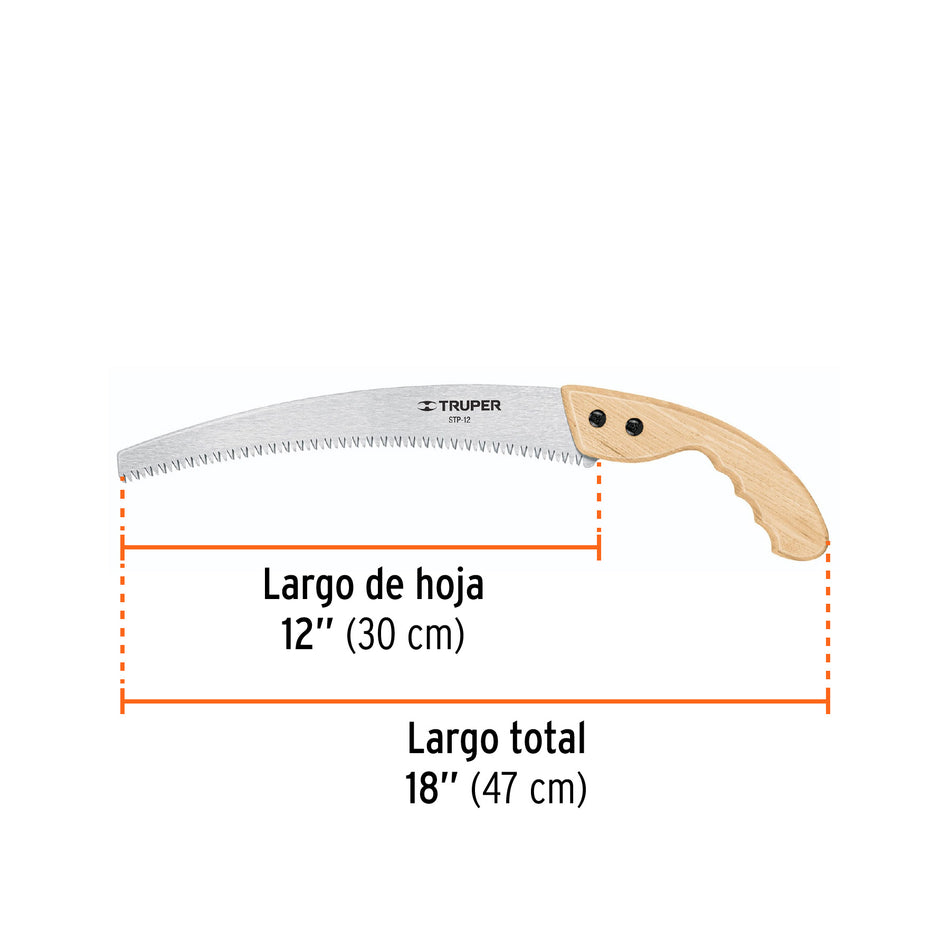 Serrucho de poda 12',hoja curva,6 DPP, mango madera, TRUPER Caja con 3, 18171