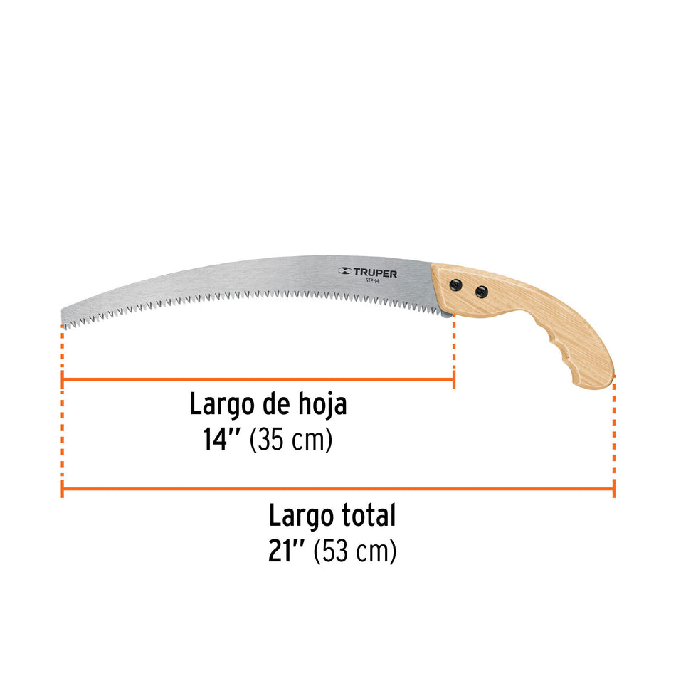 Serrucho de poda 14',hoja curva,6 DPP, mango madera, TRUPER Caja con 3, 18172