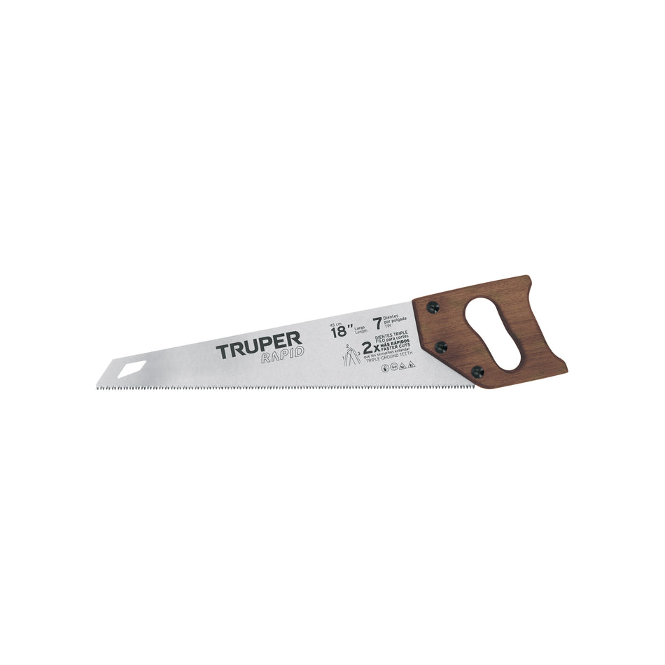Serrucho Rapid 18', 7 DPP, mango de madera, Truper Caja con 3, 102950