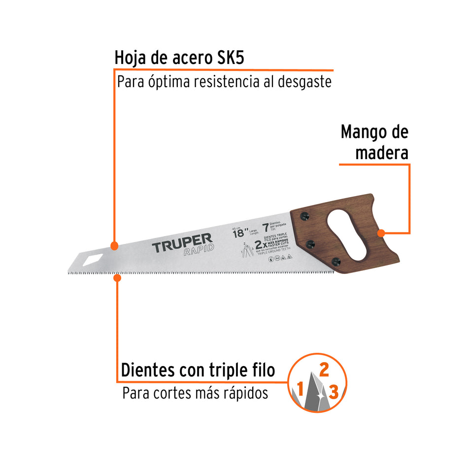 Serrucho Rapid 18', 7 DPP, mango de madera, Truper Caja con 3, 102950
