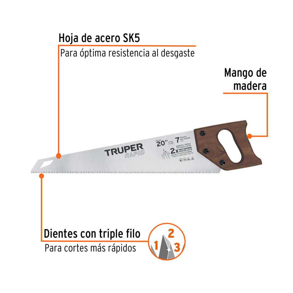 Serrucho Rapid 20', 7 DPP, mango de madera, Truper Caja con 3, 102951
