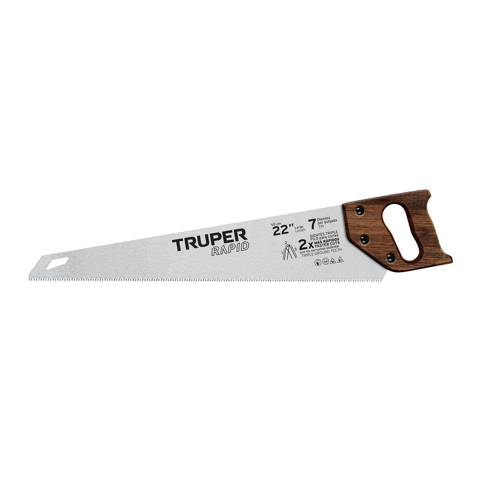 Serrucho Rapid 22', 7 DPP, mango de madera, Truper Caja con 3, 102952