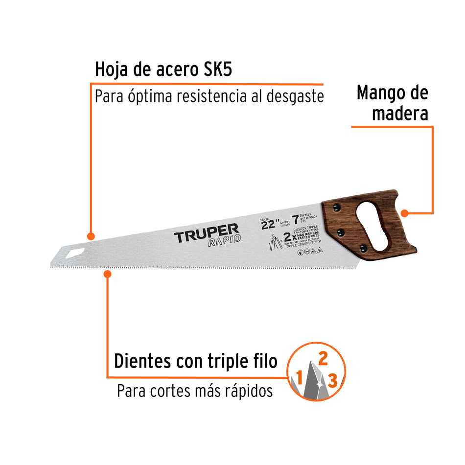 Serrucho Rapid 22', 7 DPP, mango de madera, Truper Caja con 3, 102952