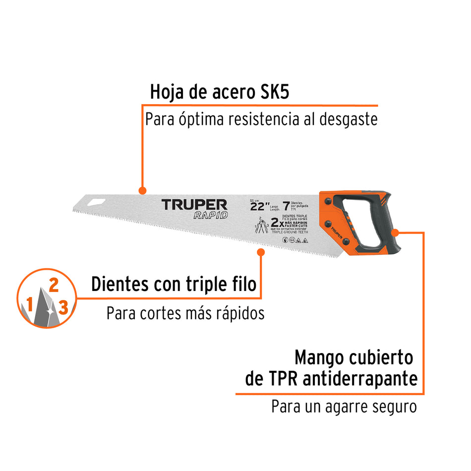 Serrucho Rapid 22', 7 DPP, mango Comfort grip, Truper Caja con 3, 101870