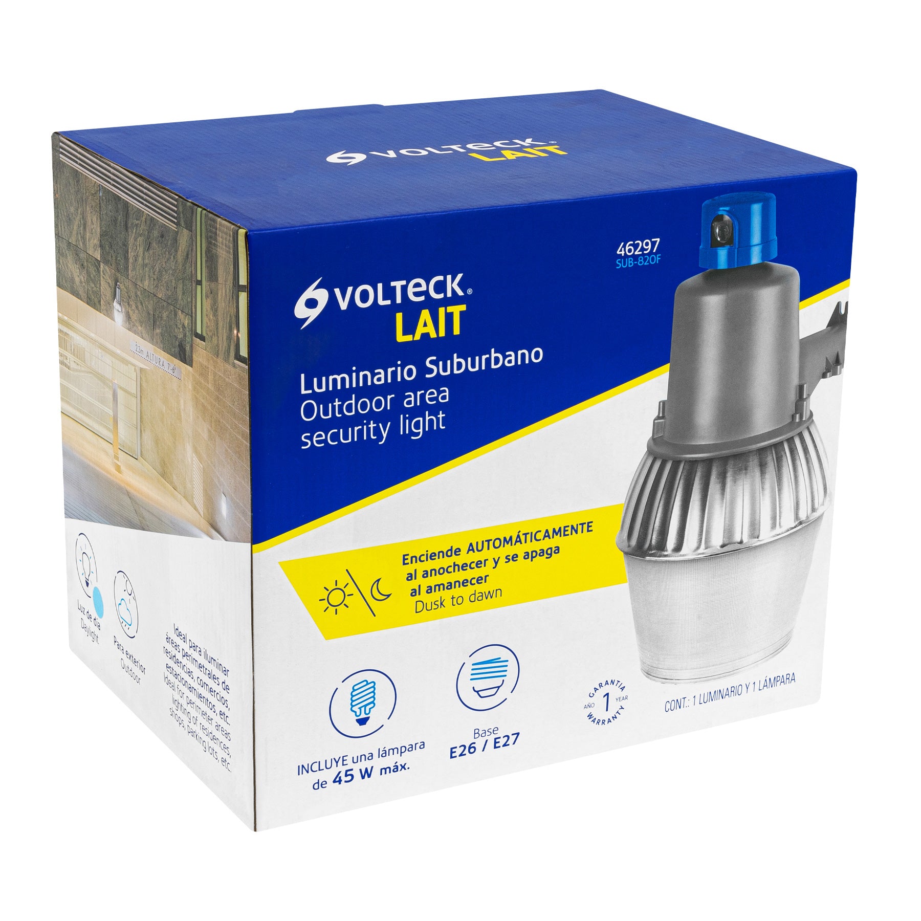 Luminario suburbano metálico 45 W sensor de luz, con lámpara, 46297