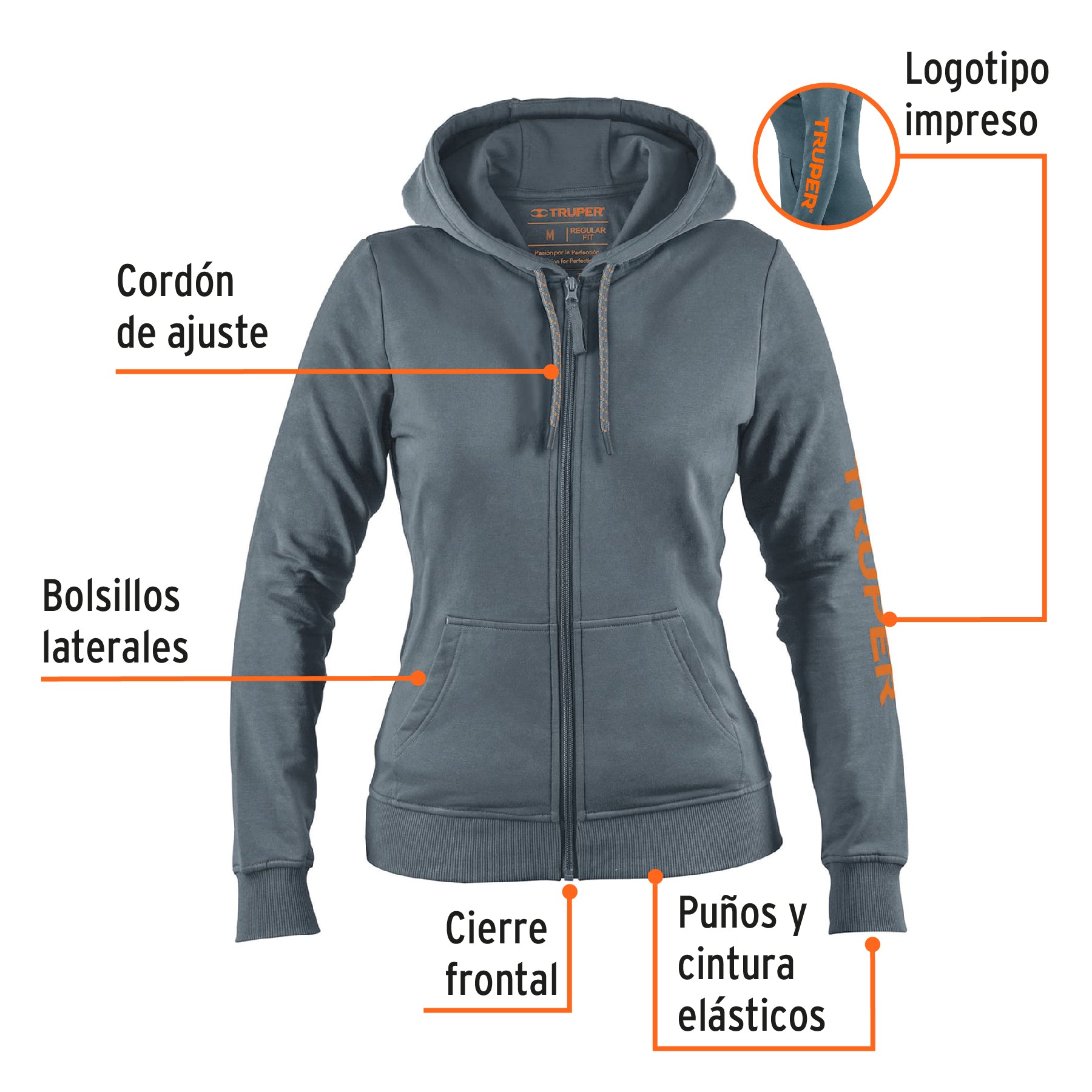 Sudadera gris para dama, talla M, Truper, 65036