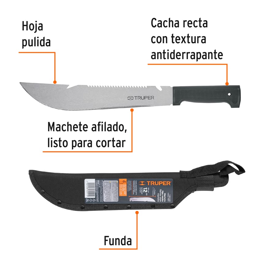 Machete rambo 12', cacha inyectada negra, con funda, TRUPER Caja con 4, 15870