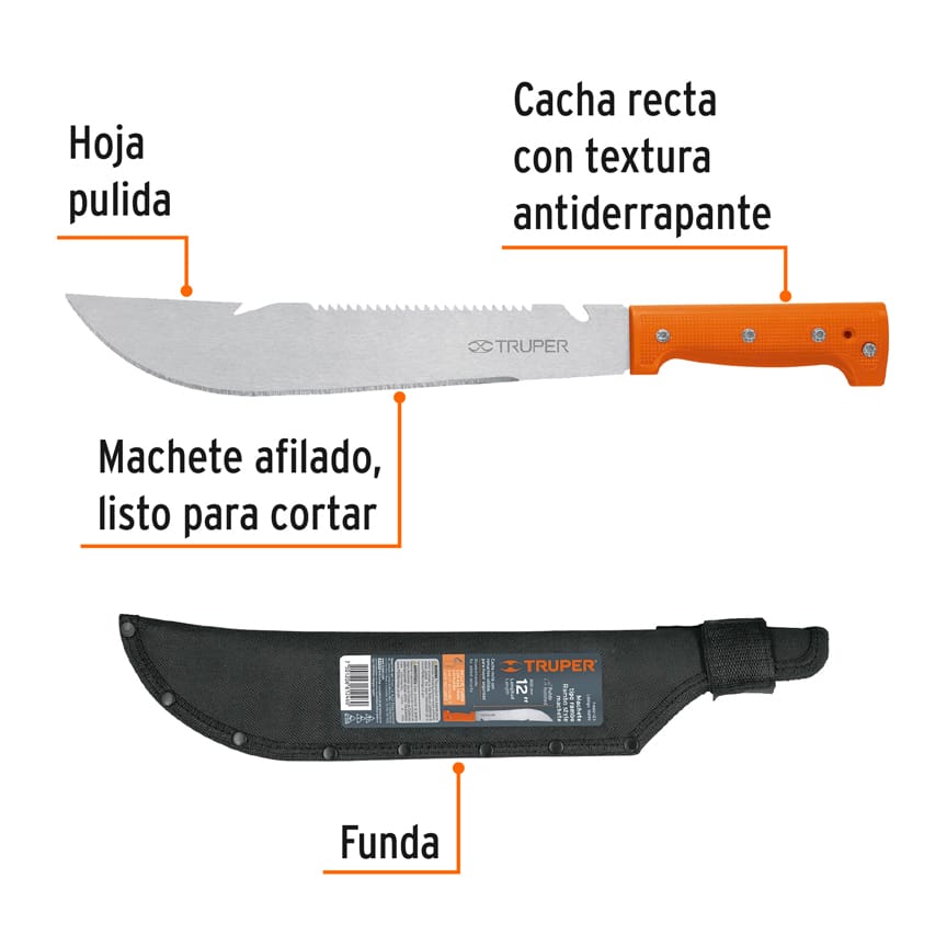 Machete rambo 12',cacha remachada naranja, con funda, TRUPER Caja con 4, 15890