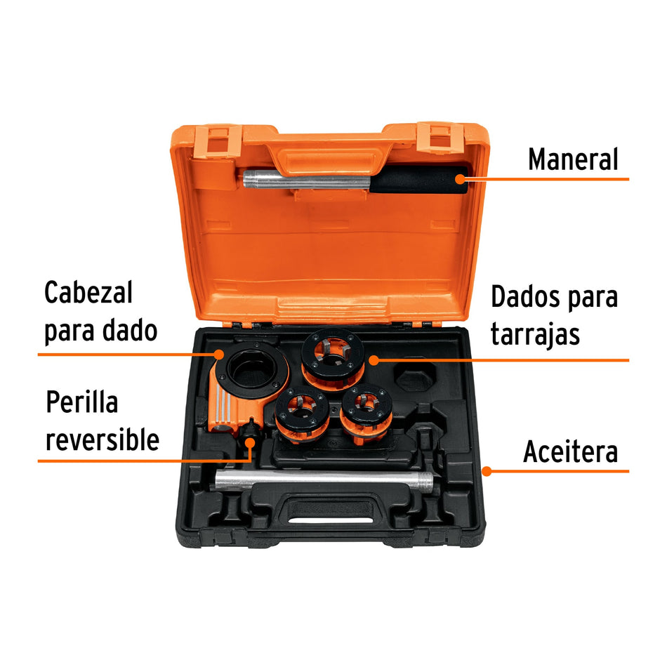 Juego de 4 tarrajas para tubo de 1/2' a 1', Truper, 13070