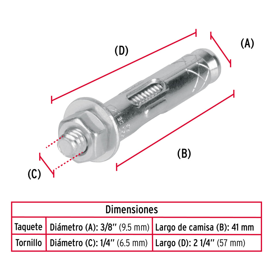 taquetes expansivos de 1/4' con tornillo, Fiero Caja con 100, 47223