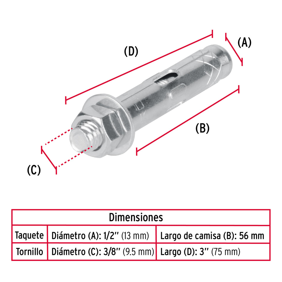 taquetes expansivos de 3/8' con tornillo, Fiero Caja con 50, 47339