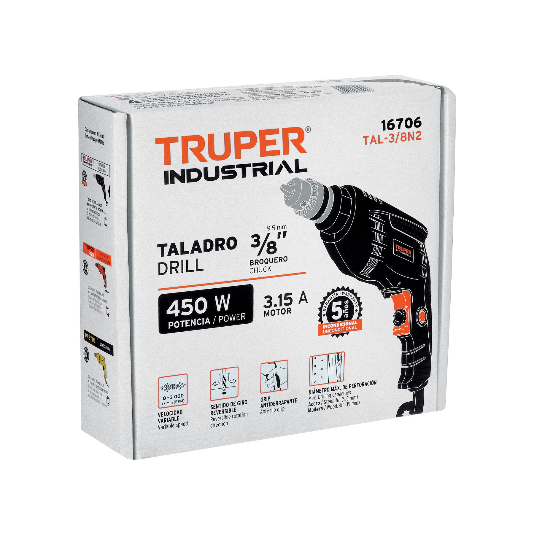 Taladro 3/8', 450W, TRUPER INDUSTRIAL, 16706