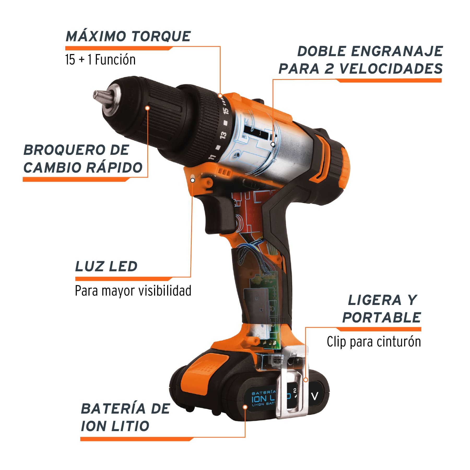 Taladro inal. 3/8', 12V, 1 bat. 2Ah, 1 carg. TRUPER PRO, 18153