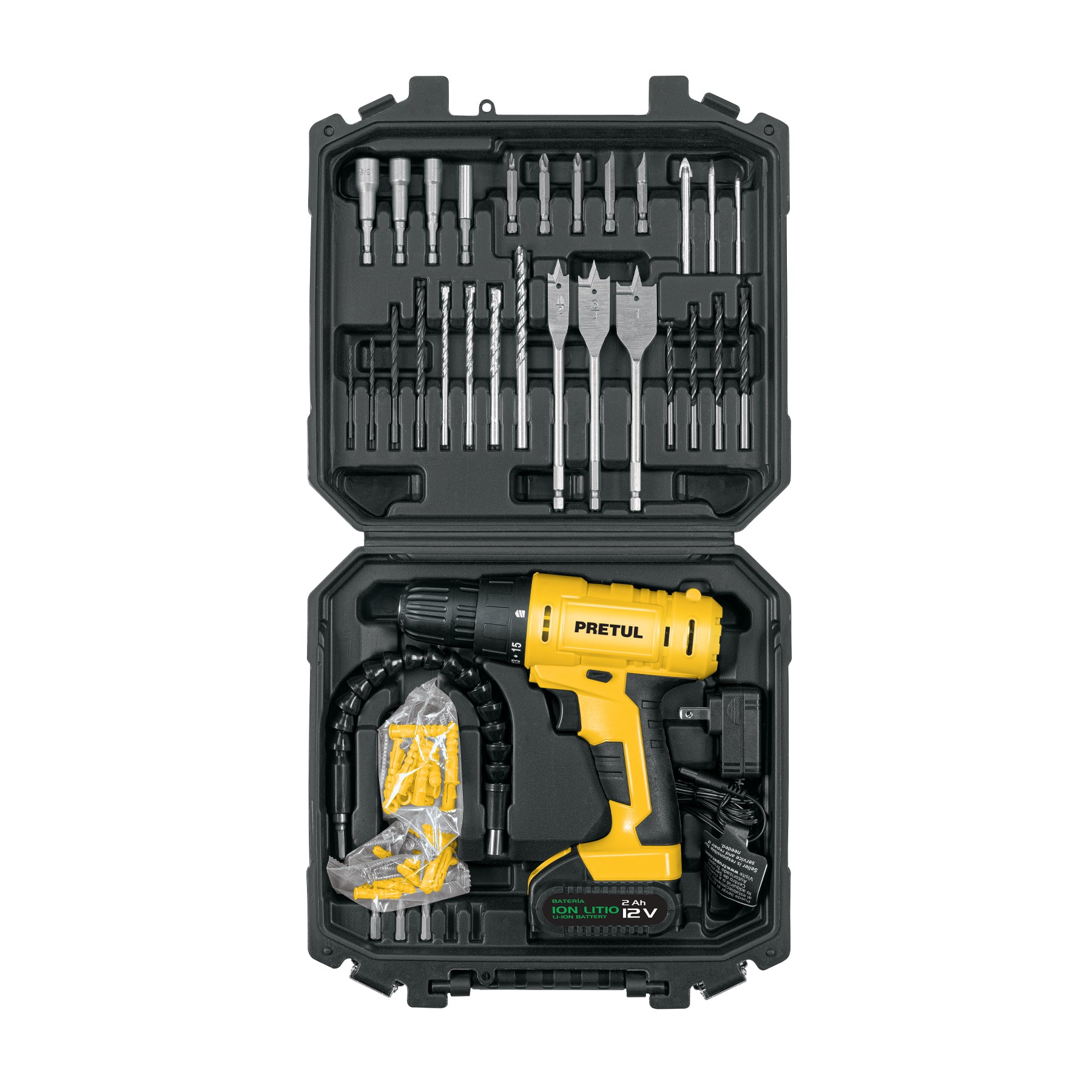 Kit taladro inalámbrico 3/8', 12V, y accesorios con estuche, 27120