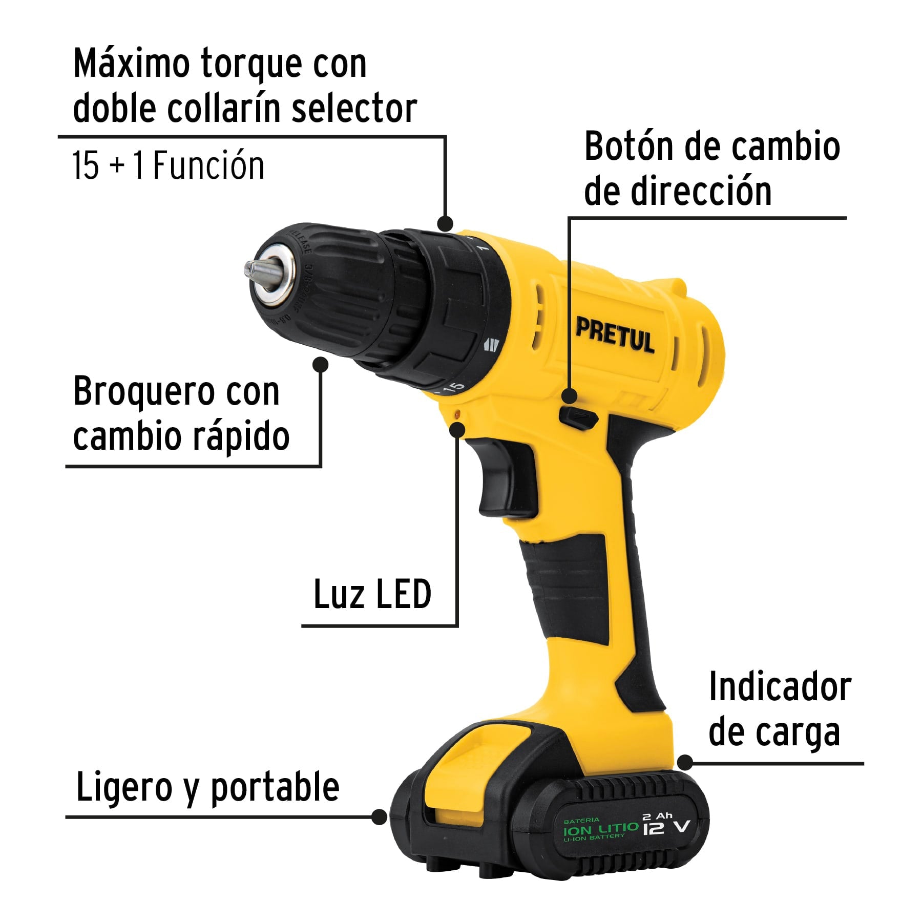 Kit taladro inalámbrico 3/8', 12V, y accesorios con estuche, 27120